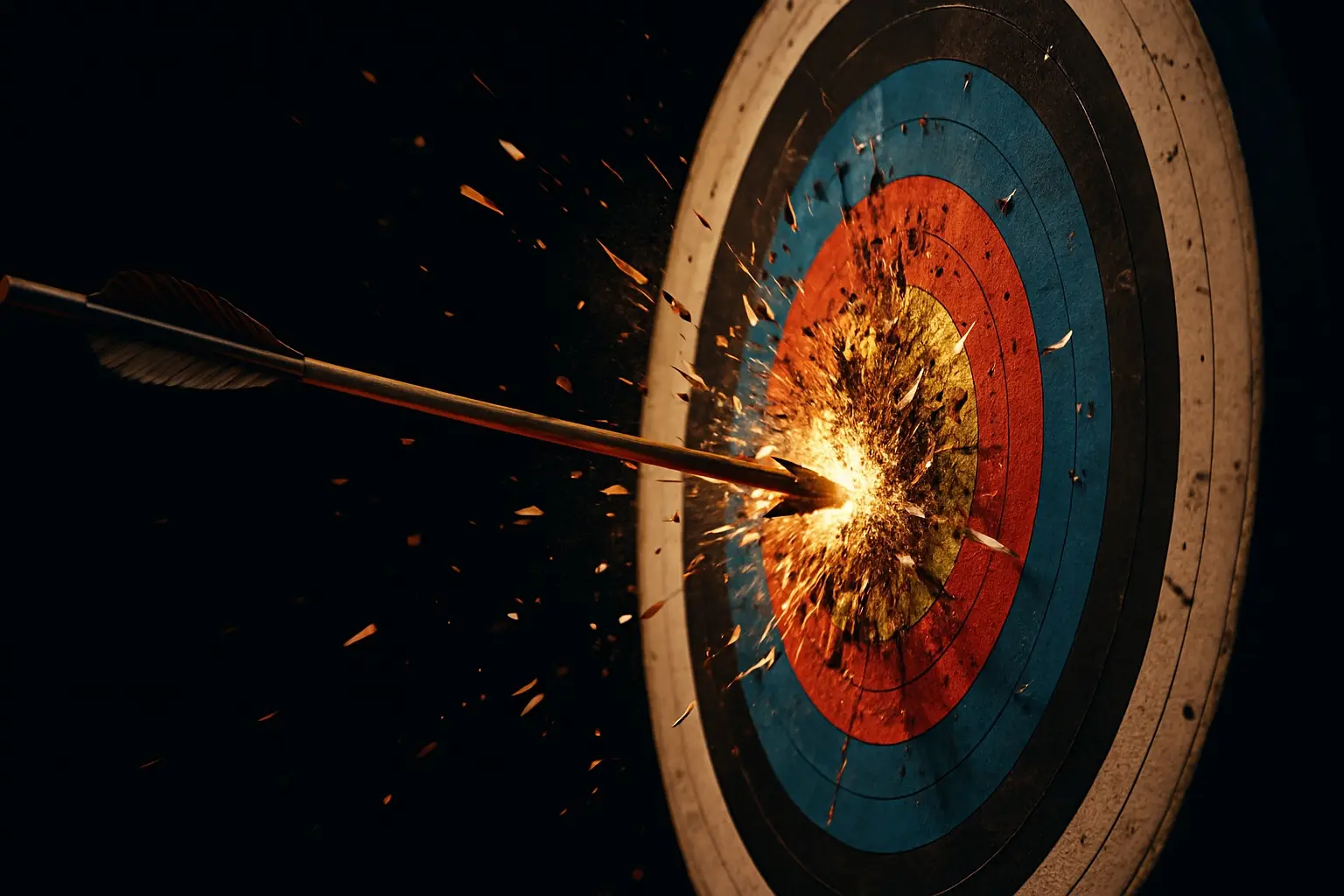A symbolic image of delayed success — an arrow shattering the bullseye mid-flight, with debris and sparks flying in the air