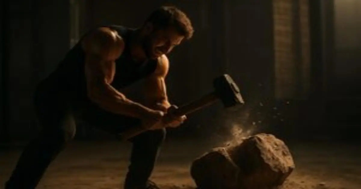 A man smashing a large rock with a sledgehammer — a visual metaphor for motivation vs action and the struggle to turn inspiration into real change.