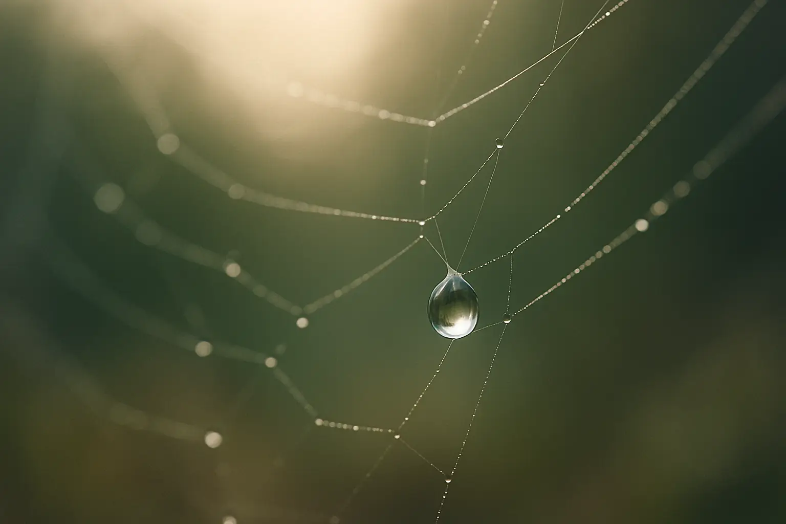 A close-up photograph of a morning dewdrop clinging to a spiderweb, symbolizing emotional resilience