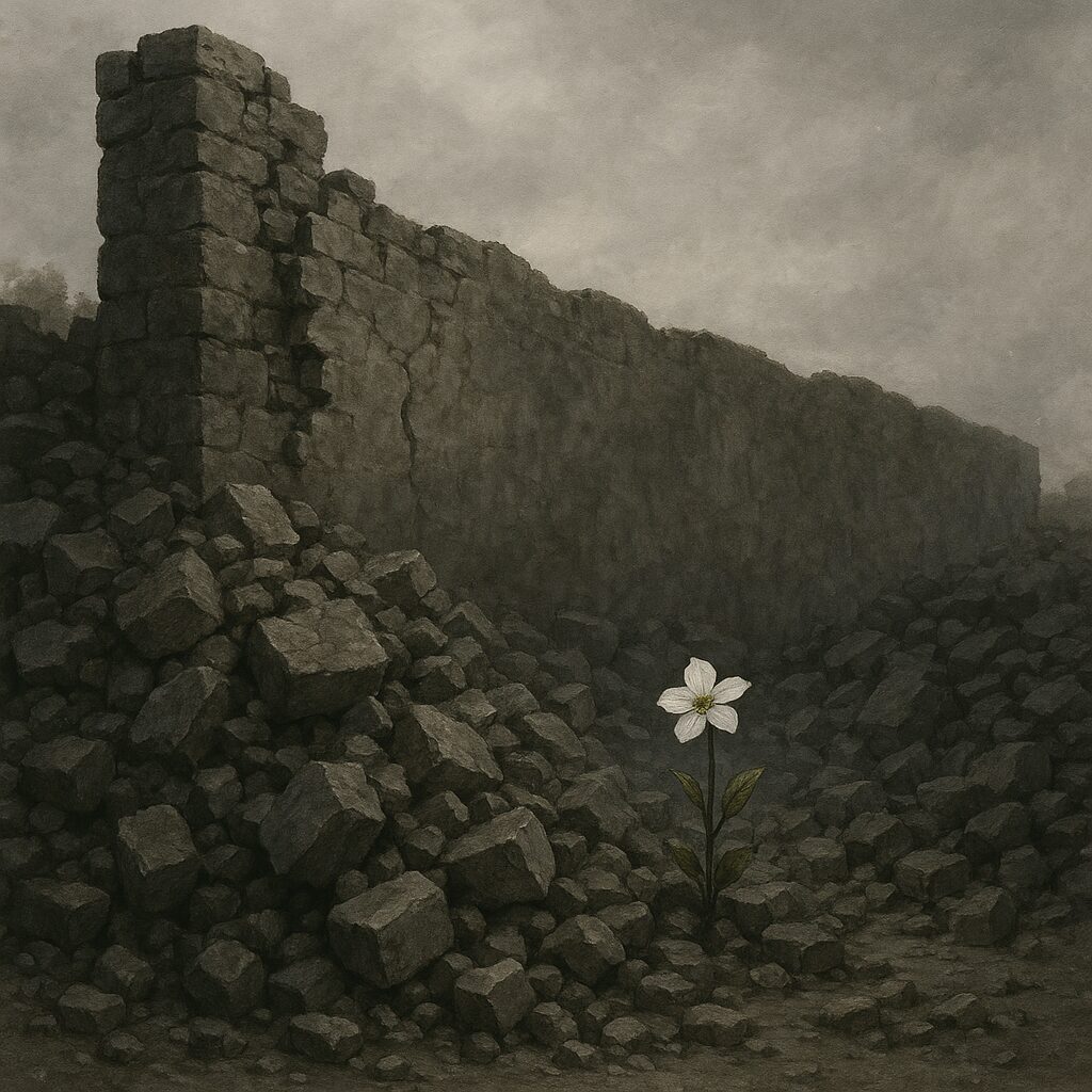 A single white flower growing through the rubble of a crumbling stone wall—blooming after a long time of giving up.