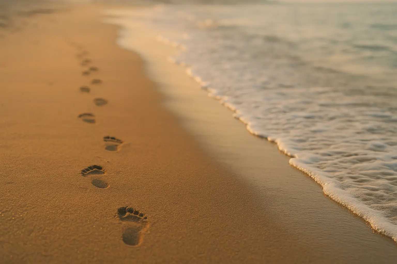 Footprints in the sand slowly fading as gentle waves wash over them on a quiet beach at sunset.