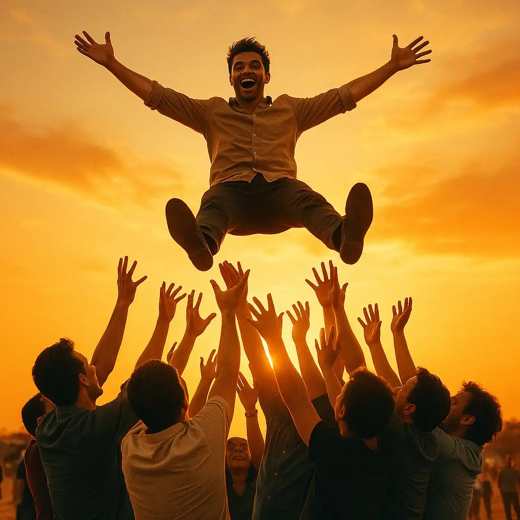 A man being thrown in the air by a group in celebration – success through relationships