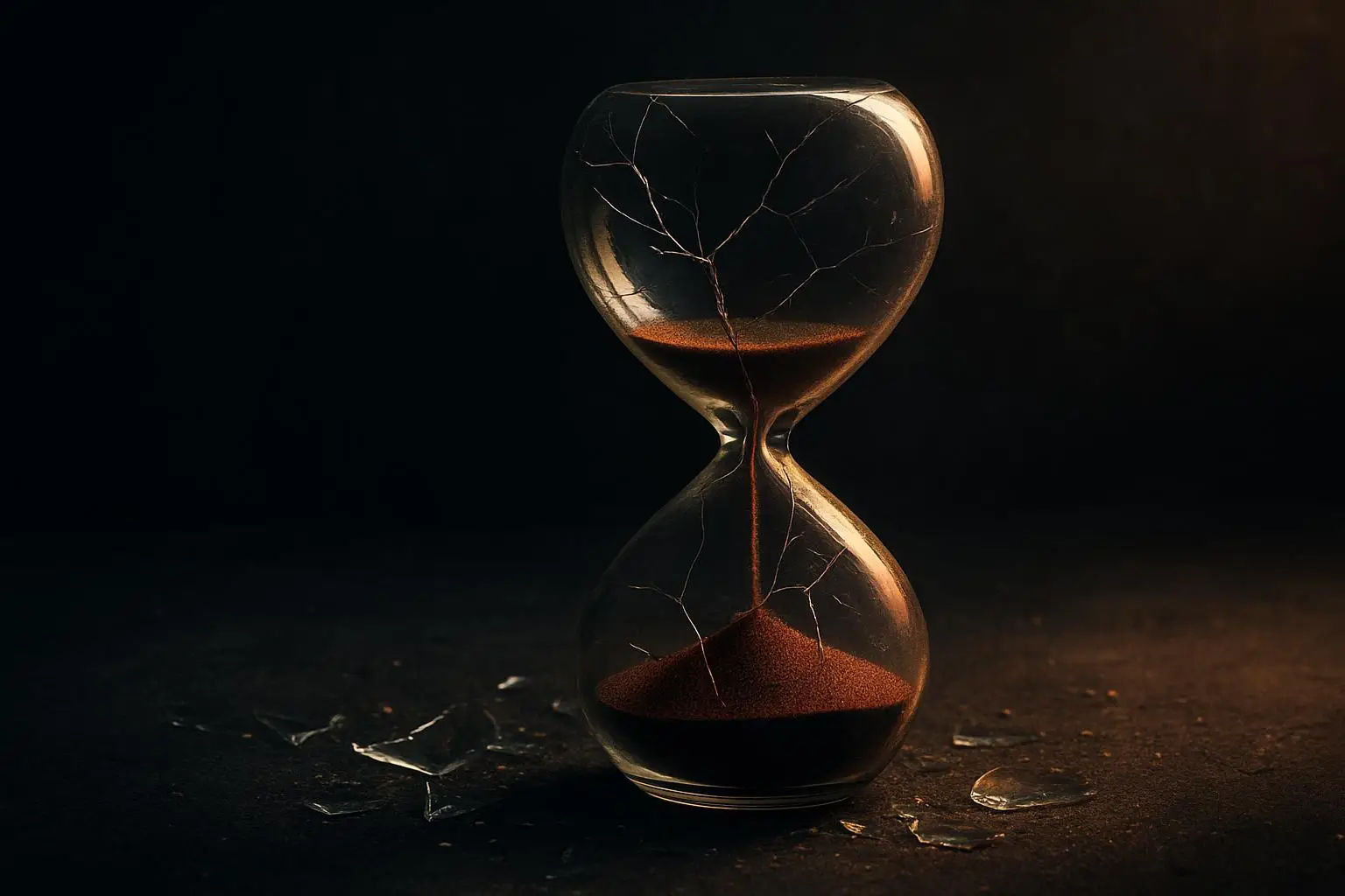 A cracked hourglass with broken glass around it, frozen in time — symbolizing that waiting solves nothing, and action is the only way forward. (focus: take action)