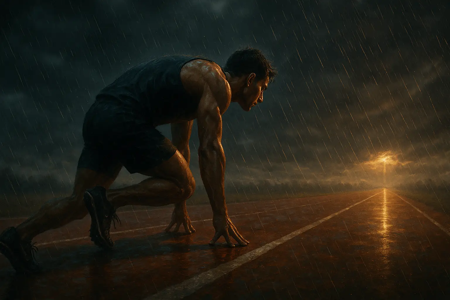 A sprinter at the starting line in the rain, symbolizing the moment to refocus on your goal with determination and clarity.