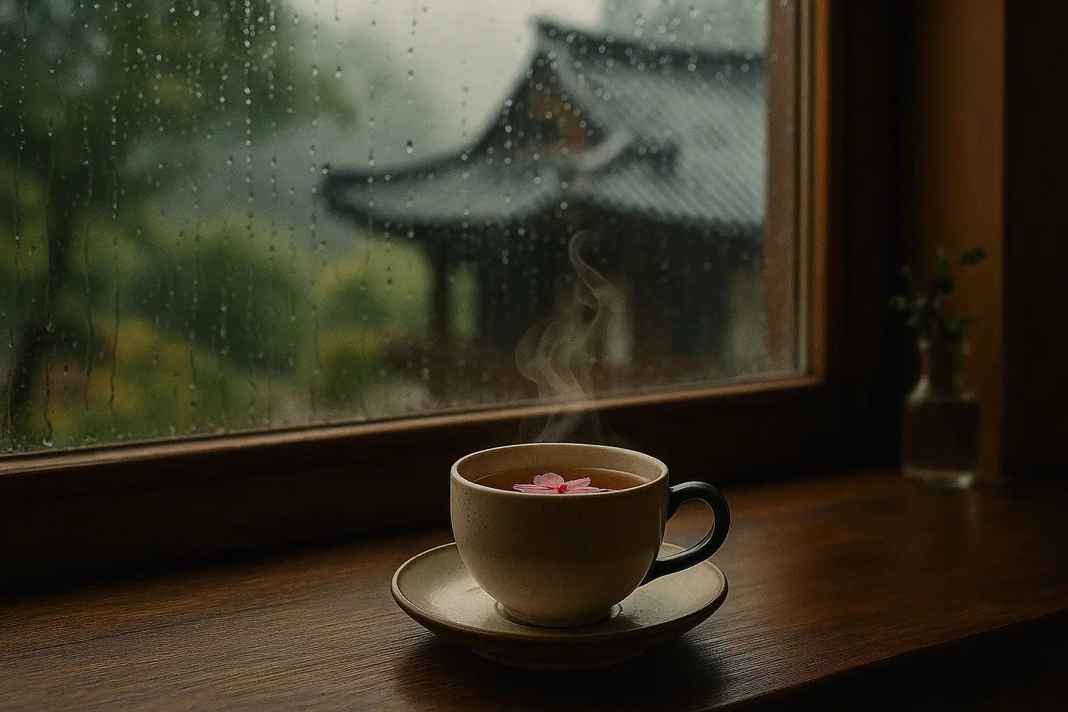 A steaming cup of tea with floating petals on a windowsill, overlooking a rainy temple view—symbolizing how to rest better through intentional quiet.